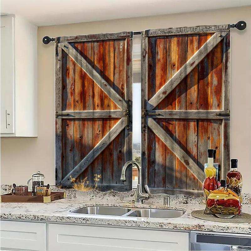 Wooden Door Pattern Printed Curtain, 1 Set Rustic Style Door Curtain with Lock, Home Decor for Living Room Bedroom, Room Divider Curtain 3