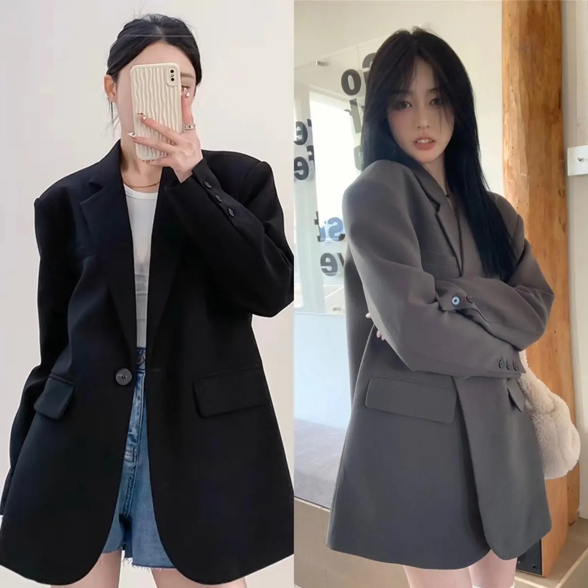 Áo khoác blazer dáng rộng phong cách cá tính ( đen - xám )
