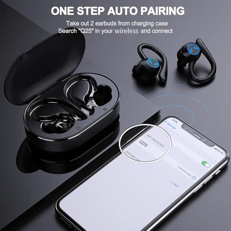 Wireless Earphones Wireless Earbuds 120 Hours Playback Earbuds Stereo Bass Over-Ear Headphones with Ear Hooks Microphone, Suitable for Sports/Workout/Gym/Running, Black 3