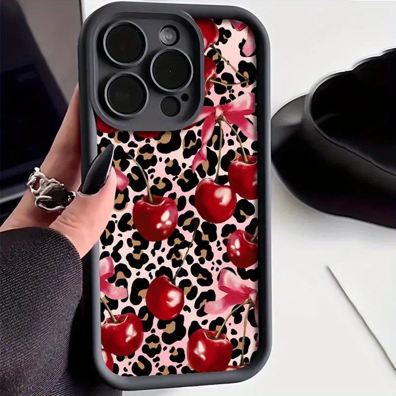 Fashion Leopard & Cherry Pattern Phone Case, Shockproof Soft TPU Phone Protective Cover, Phone Accessories Compatible with iPhone 11 12 13 14 15 Pro Max, Casing
