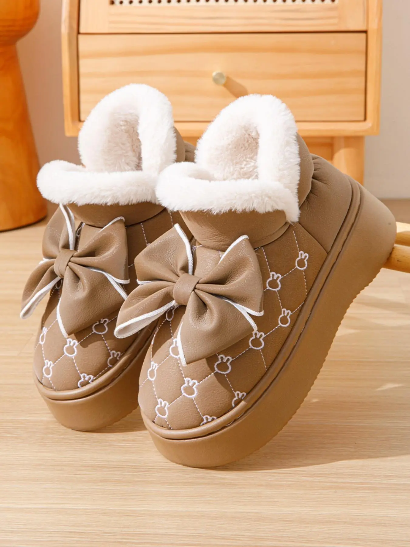 Women's Cute Bow Decor Fur Plush Lined Snow Boots, Casual Comfortable Thick Sole Ankle Boots, Warm Boots for Indoor & Outdoor Wear for Fall & Winter