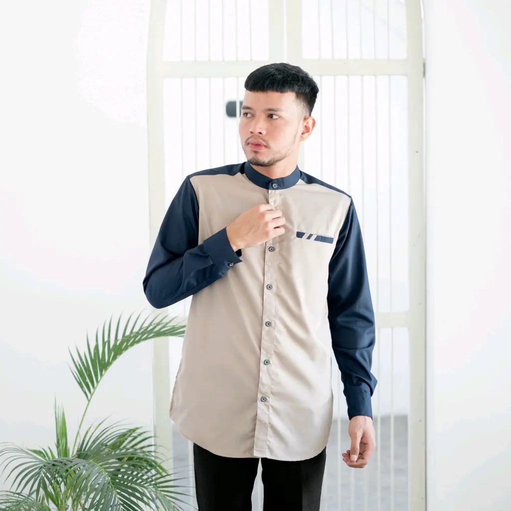 Kemeja Koko Pria Lengan Panjang Bahan Toyobo Premium - Kombinasi 2 Warna Raglan (Abu)