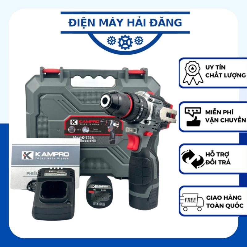 Máy Khoan Pin Kampro K-7038 3 Chức Năng Có Búa Đầu 10mm Autolock Sử Dụng Động Cơ Không Chổi Than Chân Pin Phổ Thông