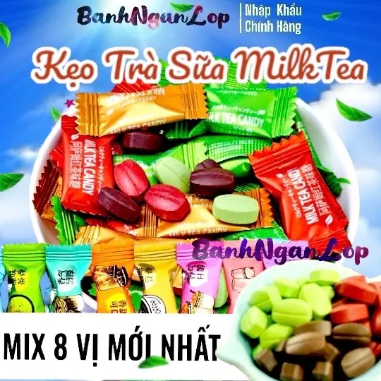 MIX 8 VỊ MILKTEA Kẹo Trà Sữa Ít Đường Assam, Latte, Matcha 100Gram Thơm Ngon Hot 2024 0