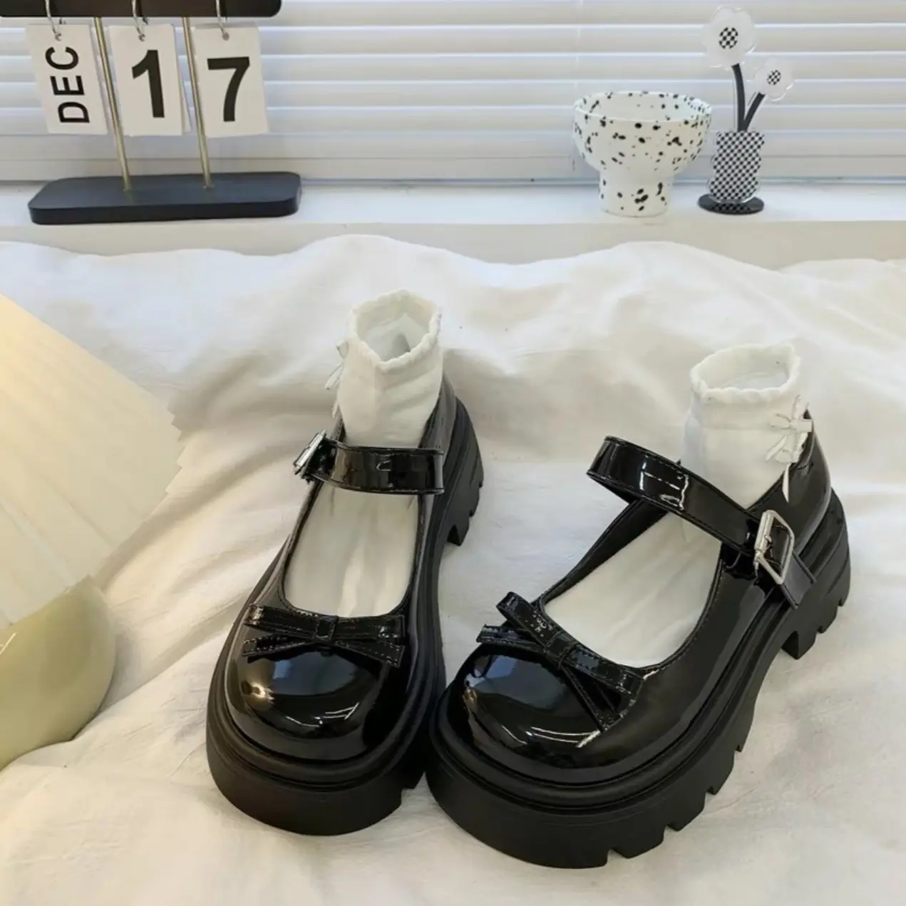 Giày lolita nữ mũi tròn gắn nơ quai cài đế cao 5cm phong cách đi học đi chơi GD44 Shoes (CHUẨN SIZE) Cao Su già y