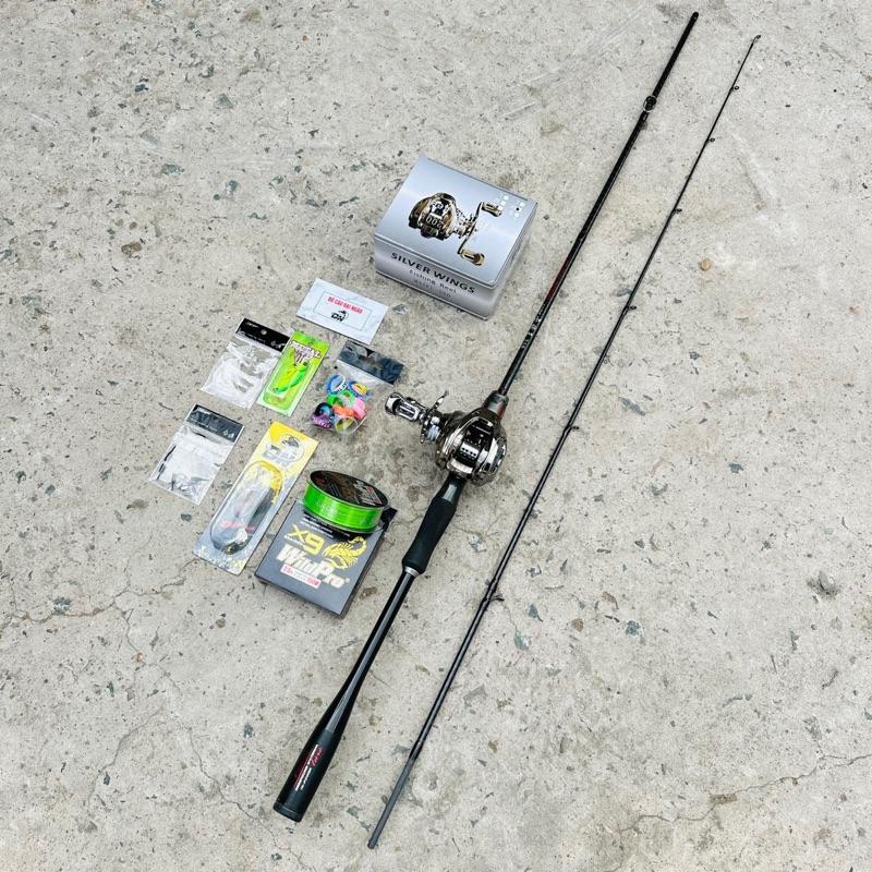 Combo Máy Ngang  Cần Câu Cá Lure Hi Power carbon ( Xoắn Toàn Thân )  Máy  Siller Master màu xám bạc có tiếng Dragclick ( Chuẩn hãng ) tặng khóa và leader