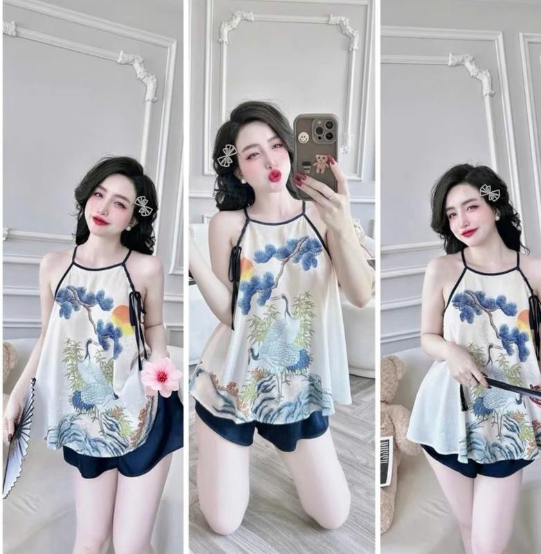  Đồ Bộ Quần Đùi Cổ Yếm Phối Hoa freesize từ 45-60kg  Phi Bóng  Mùa hè Nữ Women Áo Quần Ngủ Voi 