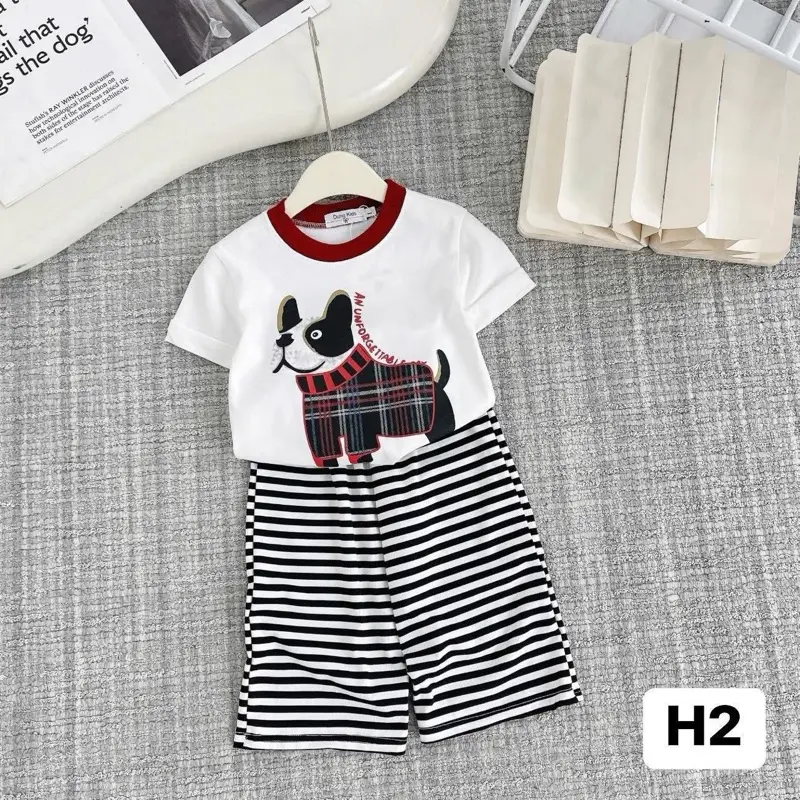 Sét bộ in hình Cún dễ thương áo cộc tay quần xuông kẻ co dãn mềm mịn mát cho bé 11-30kg 3