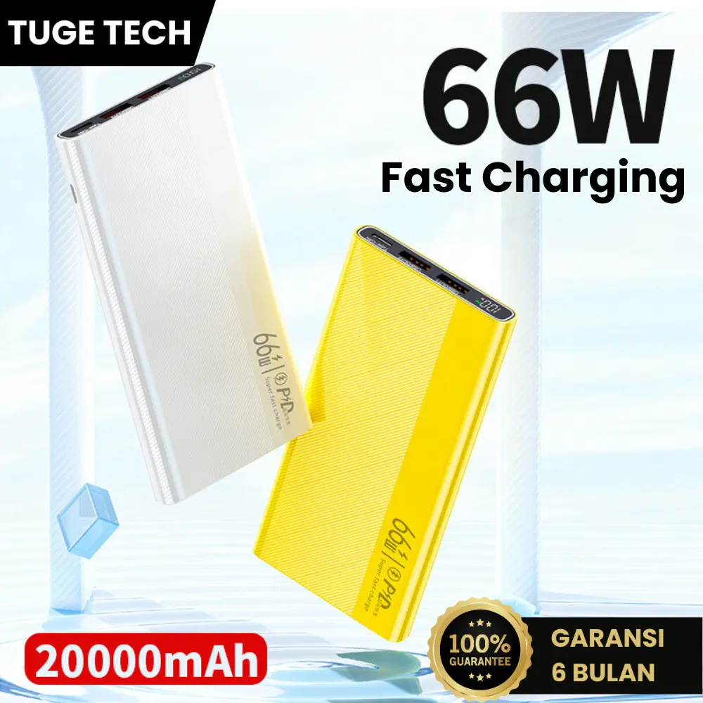 TUGE TECH 66W Super Fast Charging PowerBank 20000mAh LED Display Power Bank  Dual Output Port USB & Type-C Garansi Original untuk iphone Android Ponsel Putih Charger