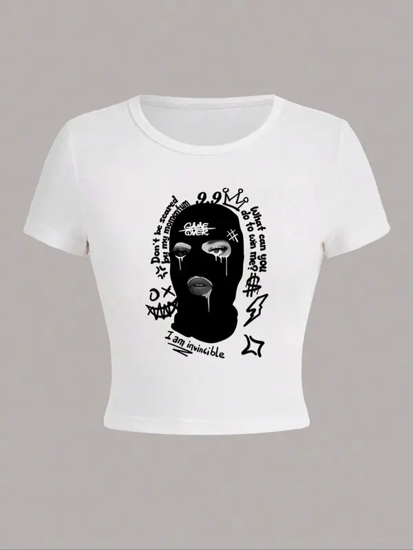 Women's Letter & Figure Print Round Neck Crop Tee, Casual Short Sleeve Crew Neck T-shirt for Daily Wear, Ladies Clothes for All Seasons 2