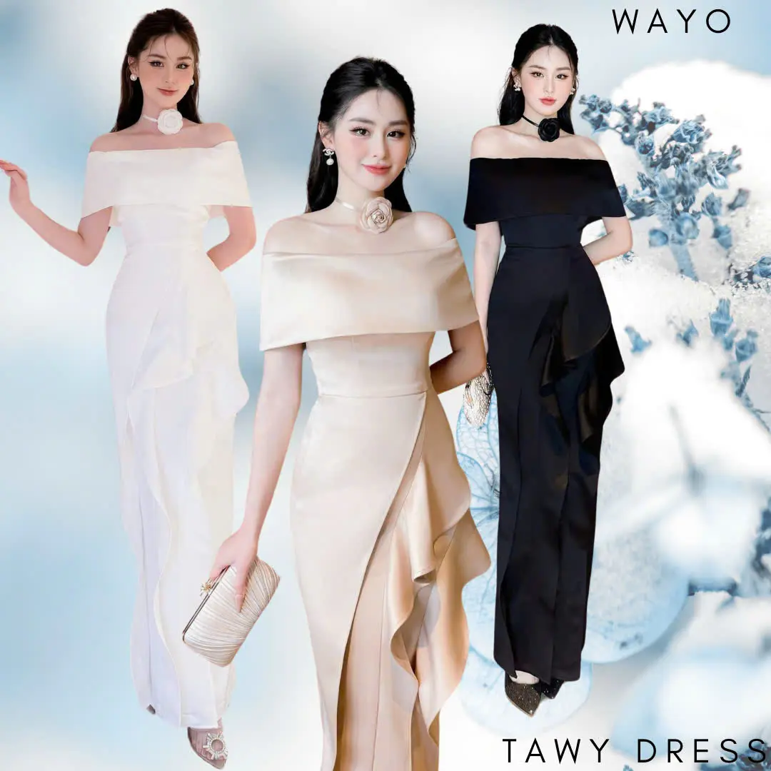 [Tawy Dress] Đầm WAYO thiết kế trễ vai ngang phối bèo kèm tag hoa dự tiệc sang trọng xu hướng