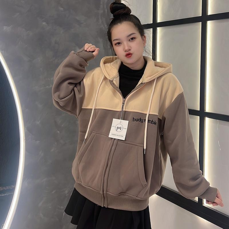 Áo khoác nỉ dệt dây kéo phối thân thêu chữ nữ Nhung Women Top Lịch zipper zipper