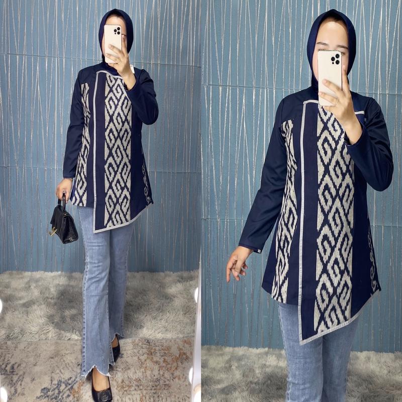 Blus couple kombinasi  tenun Bianca (B30) Batik Katun Toyobo Atasan Wanita Panjang Tangan 3