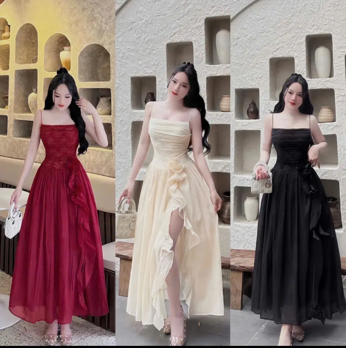 váy đầm nữ hai dây dáng dài xẻ tà đính hoa dễ thương cho chị em đi chơi đi tiệc