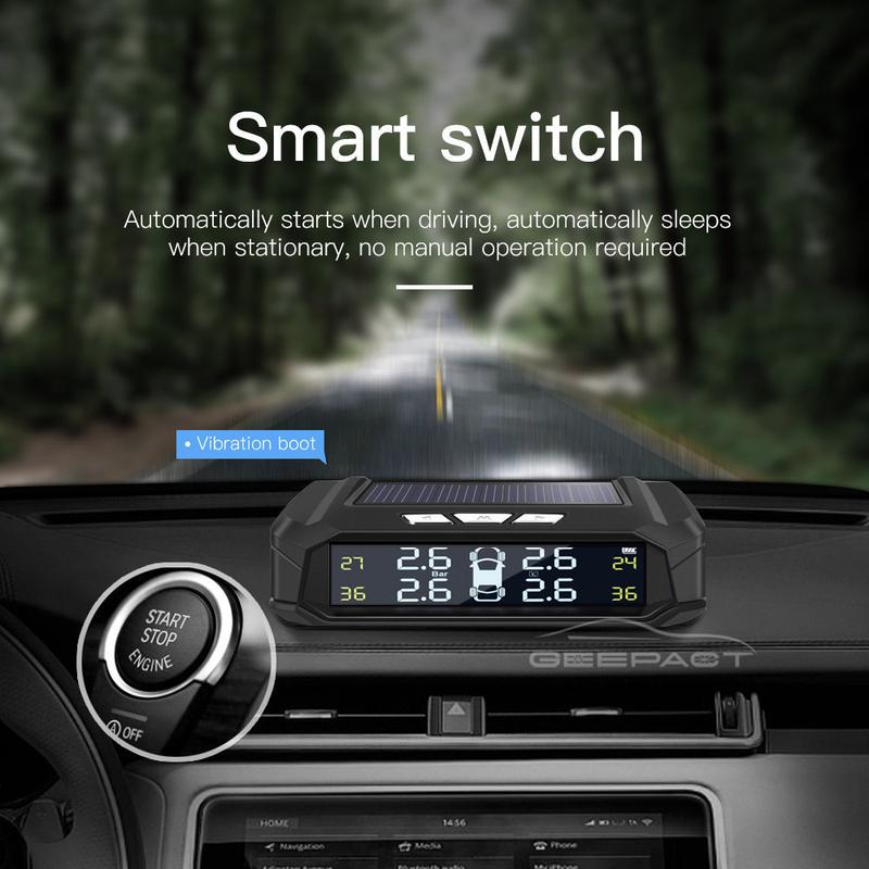 Product Introduction of 【24-hour shipping+free shipping+COD】TPMS Universal Tire Pressure Alarm Monitoring System Car Tire Pressure Monitoring System Solar Panel USB Charging Smart Car with 4 External Sensors Real-time LCD Display 40
