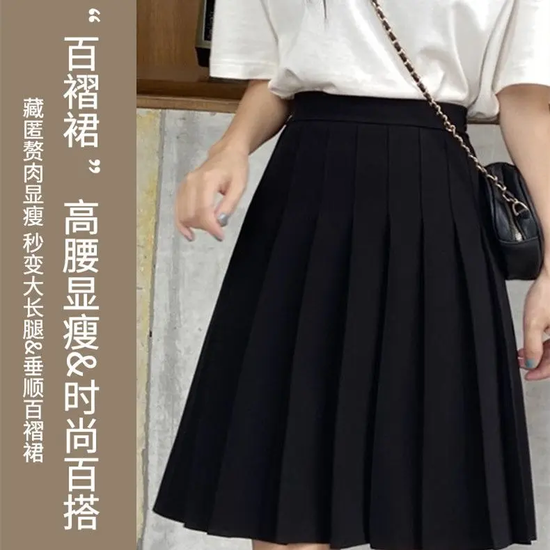 Chân Váy Xếp Ly, Dài Trung Bình Và Cao, Phong Cách JK, Dành Cho Nữ, Mùa Hè, Màu Đen, Cạp Cao, Ôm Vừa Vặn, Chân Váy Chữ A, Phong Cách Hàn Quốc Women Voan