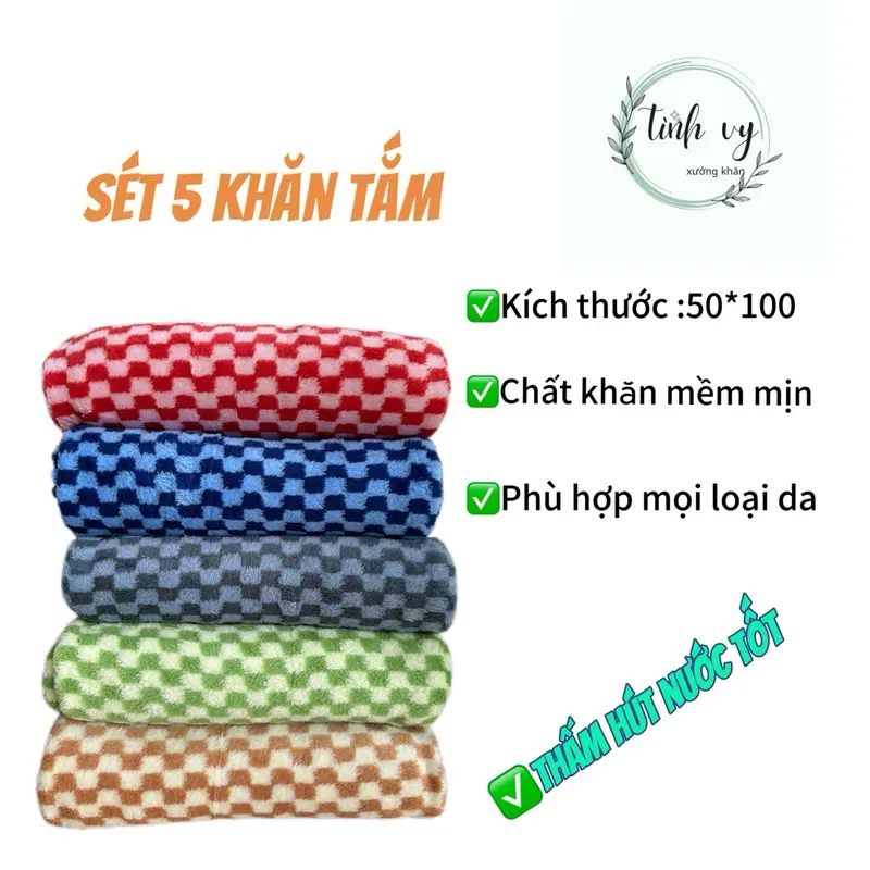 Sét 5 khăn tắm màu ngẫu nhiên.KT 50*100.Mềm mại thấm hút nước tốt .Màu sắc đa dạng. Nhà Tắm 5