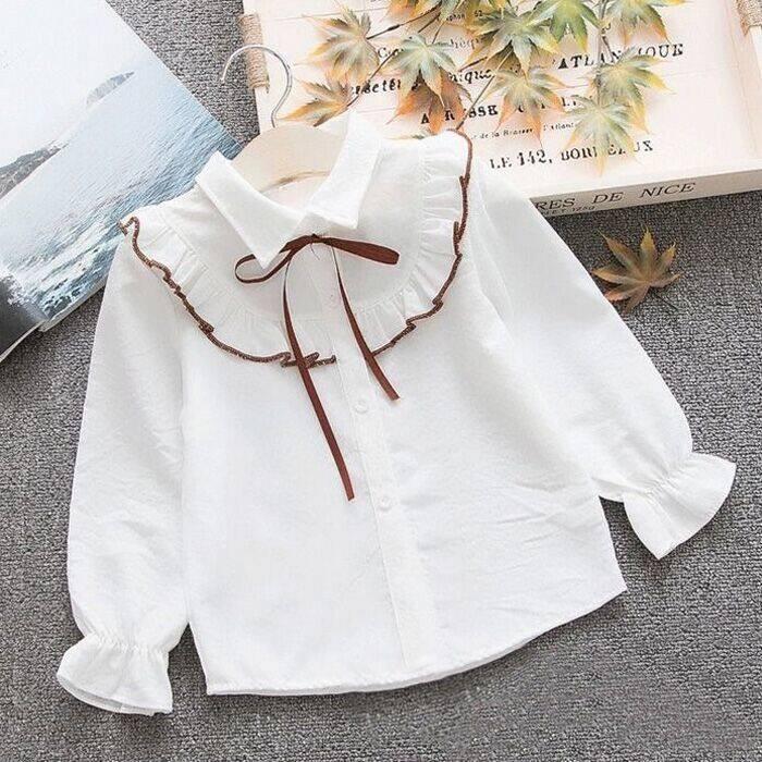 Product Introduction of Blaus Ruffles Perempuan, Lengan Panjang, Corak Jalur Korea, dengan Ikatan bentuk rama-rama dan Lipatan, Baju untuk 4-12 Tahun, Penutupan Butang 8