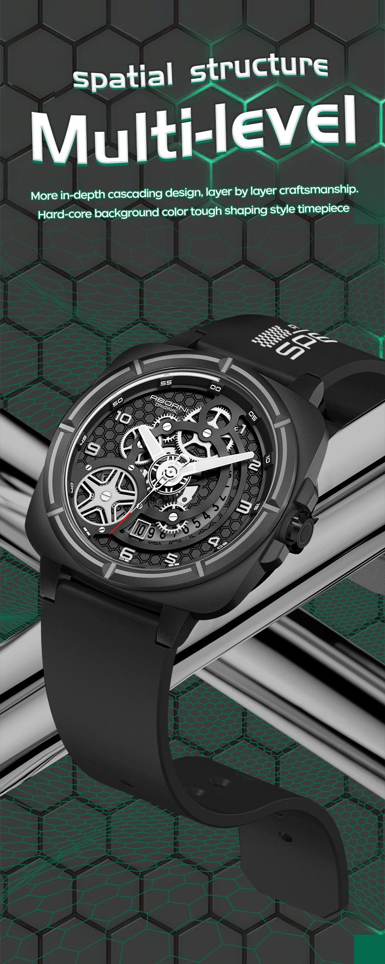 Product Introduction of Square Watch Men's Mechanical Style Sports Fashion Watch National Style Luminous Waterproof Silicone Band Quartz Watch 4