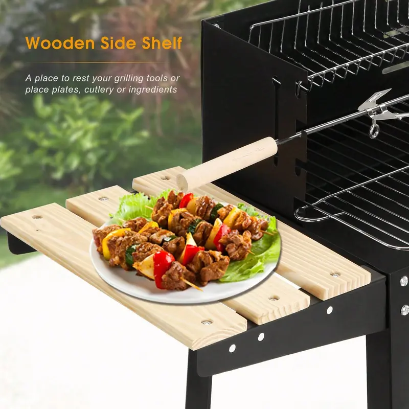 Palakjot KAUR Charcoal BBQ Barbecue Grill Steel Rectangular Trolley For Outdoor Patio Garden W/Wheels & Shelves 3