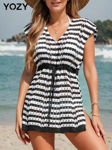 YOZY Women's Colorblock Print Tie Waist Sweater Dress, Casual V Neck Knit Dress for Spring, Fashion Women's Dress for Daily Wear