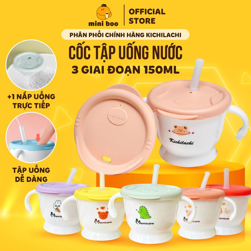 Cốc Tập Uống Nước Kichilachi Mamicare Cho Bé 3 Giai Đoạn 150ml Mẫu Mới kèm Nắp và Thìa silicon - MINIBOO