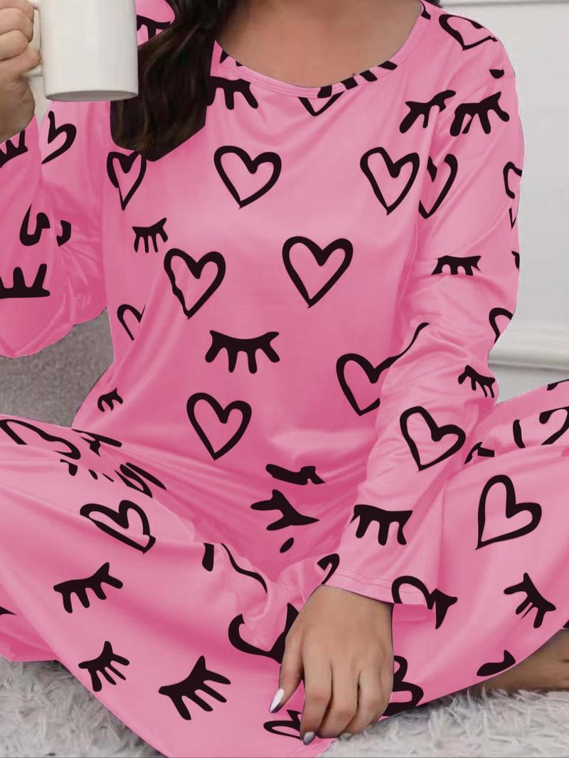 Product Introduction of 【Plus Size】Women's Heart Print Pyjama Set, Casual Comfort Round Neck Long Sleeve Tee & Elastic Waist Pants Set, Women's Sleepwear for Spring & Fall, Pajamas 13