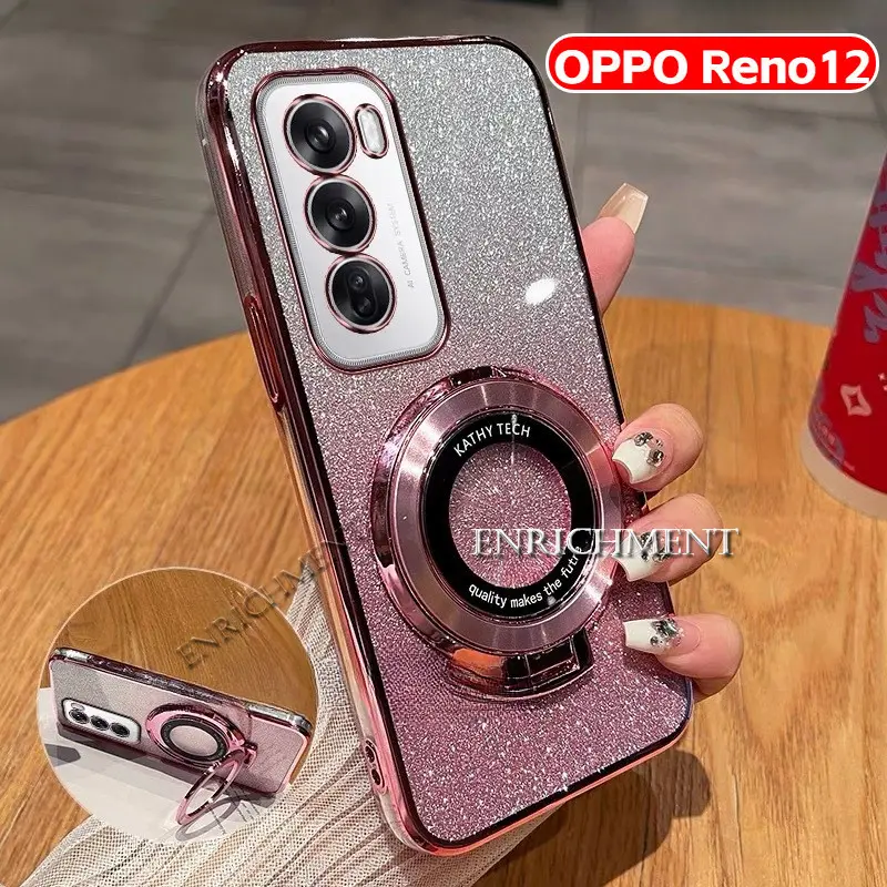 For Oppo Reno12 Reno12Pro 5G Gradient Bling Casing Transparent Magnetic Ring Holder caseoh harga casing hp Phone Case Shockproof Camera Lens Protector anti slip Back Cover