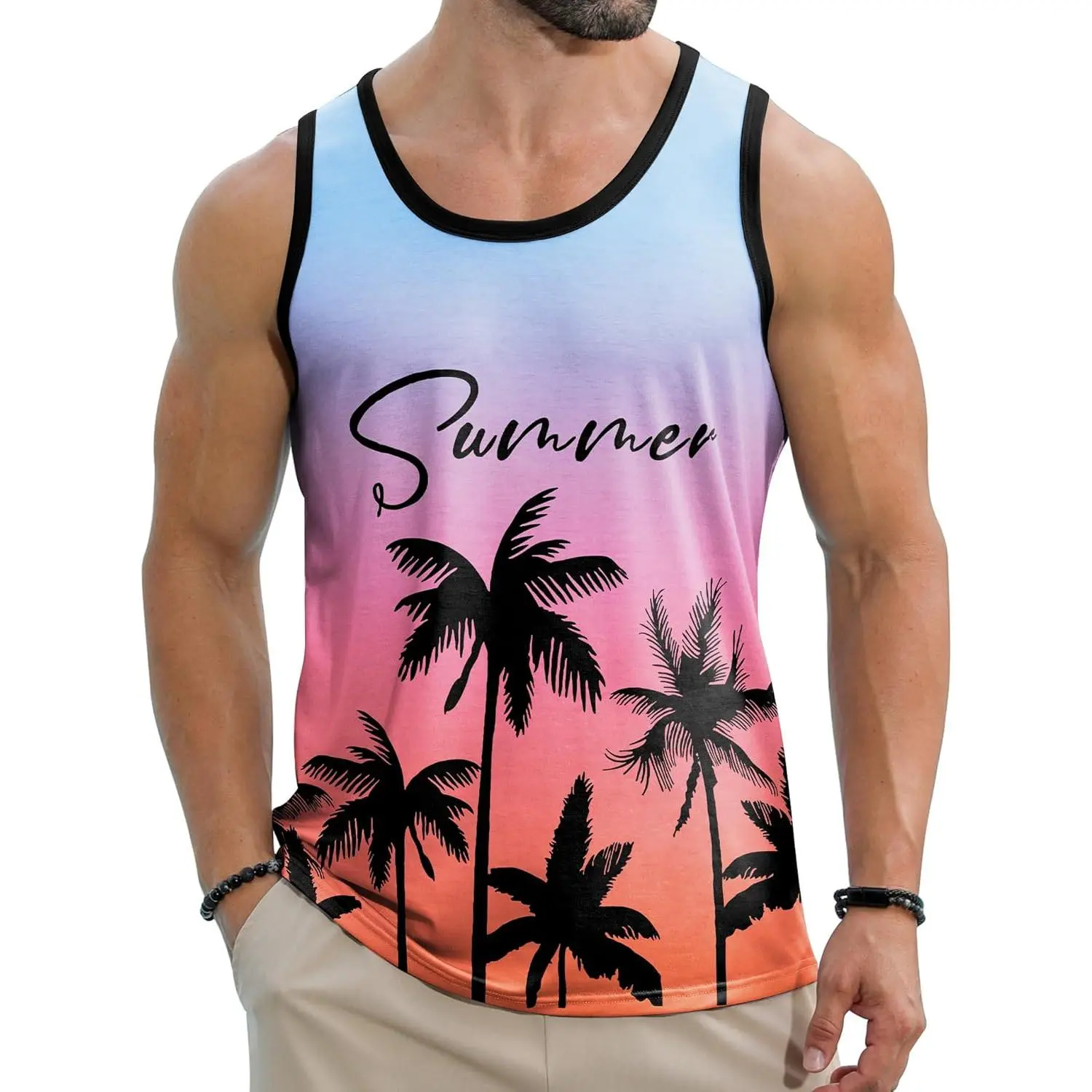 Men'S Hawaiian T-Shirt Vest, Playful Flowers And Tropical Design, Breathable, Fashionable, Sleeveless Beach T-Shirt