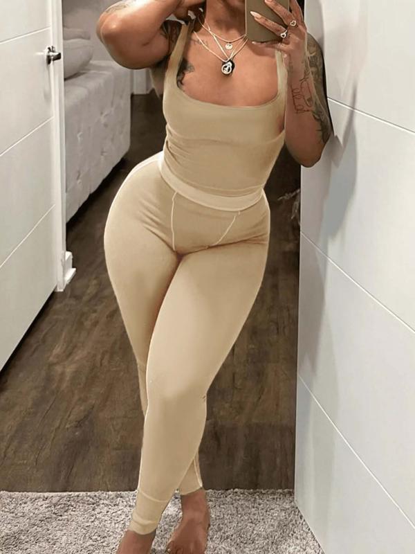 Lovelywholesale 2 Counts Plus Size Solid Scoop Neck Crop Tank Top & High Waist Pants Set, Summer Clothes Women, Sleeveless Top & Skinny Trousers, Two-piece Outfits for Summer 6