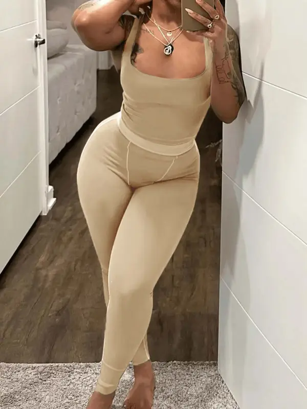Lovelywholesale 2 Counts Plus Size Solid Scoop Neck Crop Tank Top & High Waist Pants Set, Summer Clothes Women, Sleeveless Top & Skinny Trousers, Two-piece Outfits for Summer 6