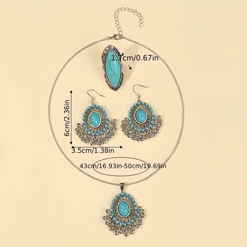 Handmade Turquoise Jewelry Set, Vintage Necklace Earrings Ring, Bohemian Statement Gift for Women 3