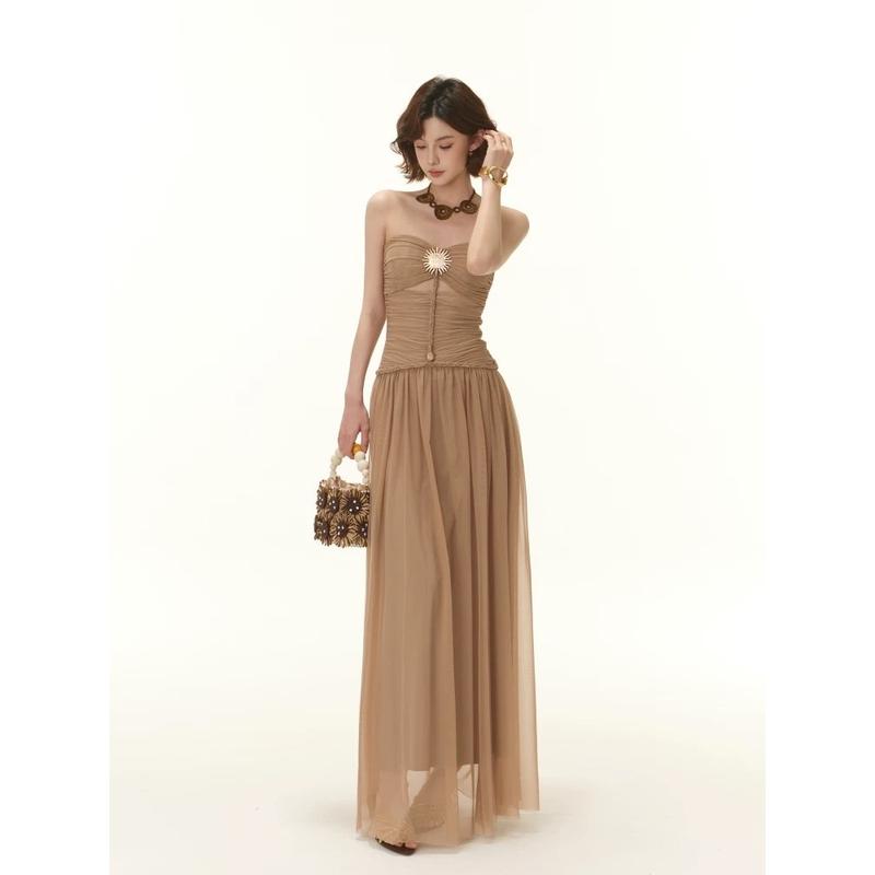   UnihomePREMIUM   40-80Kg  Đầm Maxi Lưới Khoét Ngực Cài Tag Nhún Eo Kèm Áo Choàng Tơ  Có BigSize  CH332 