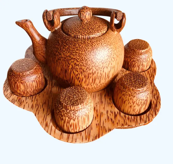 Bộ ấm trà gỗ dừa cao cấp hình bông mai học - Hàng Loại 1 - Danh Dua Shop