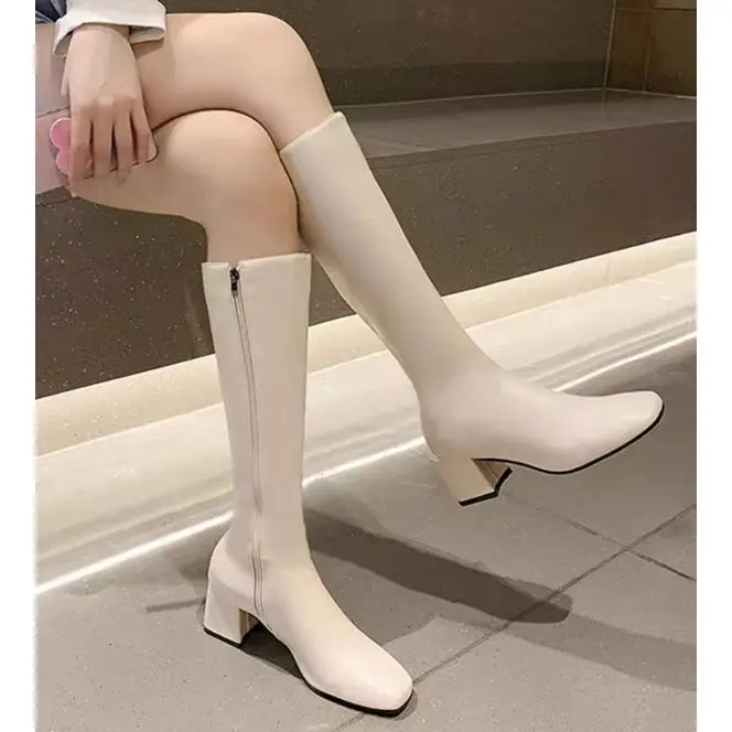 Bốt đùi nữ đế vuông boots da mềm lót lông đế cao 5cm 6