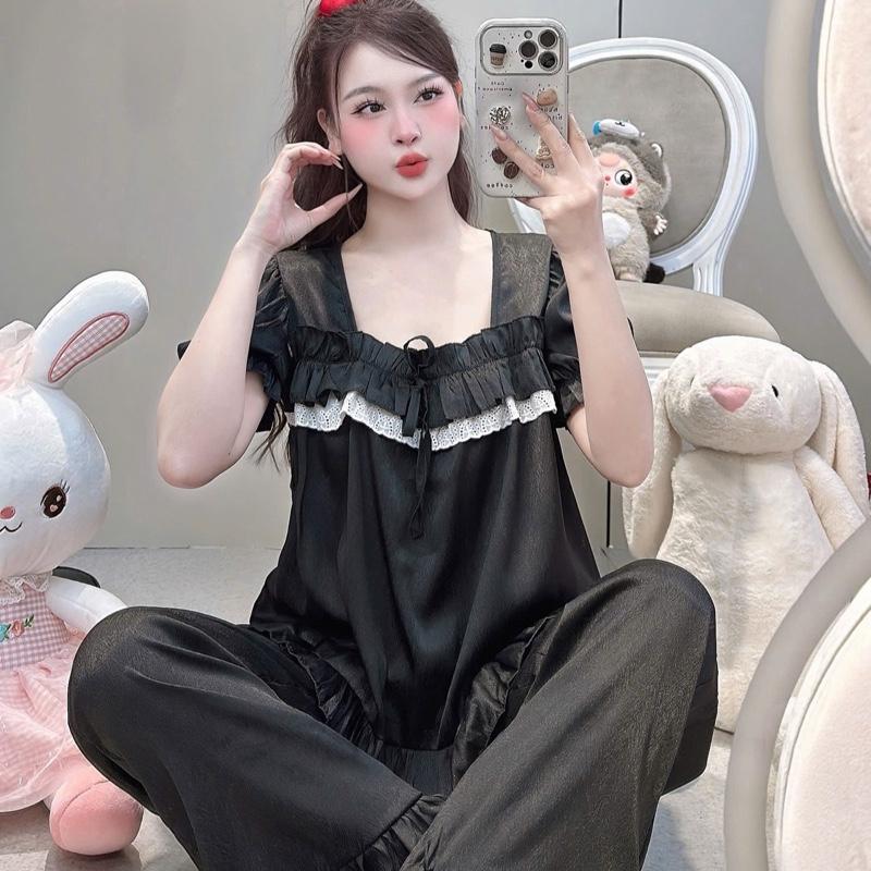 (40-60kg) Pijama tay ngắn cổ vuông trơn cho nữ