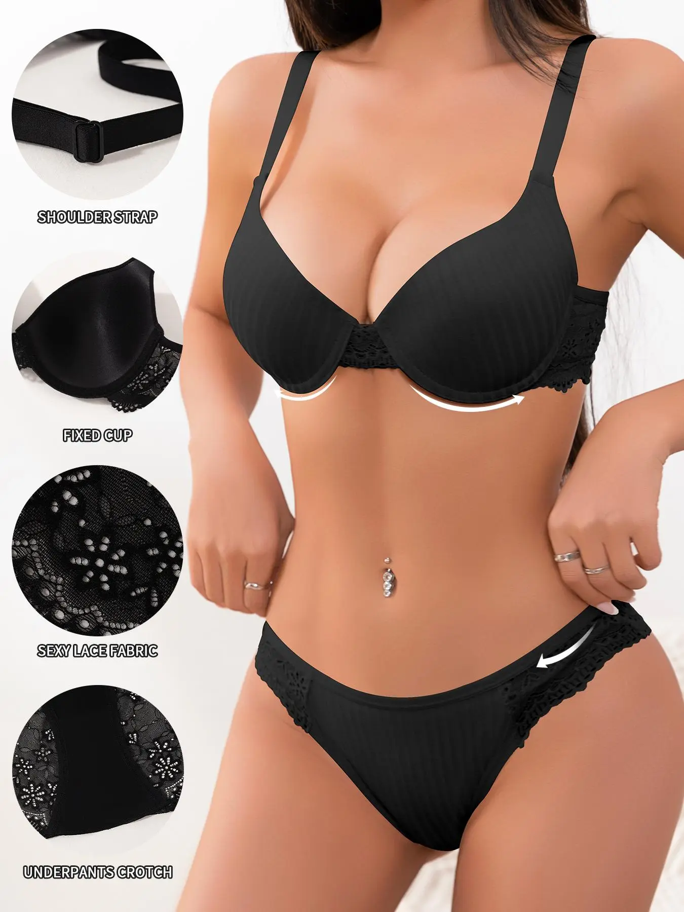 Women's Solid Adjustable Strap Lace Bra & Panty Two-Piece Set, Soft Comfy Breathable Lingerie Set for Daily Wear, Underwear Set for Women