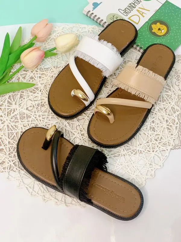 Dép nữ xỏ ngón đính khuy quai ngang tua rua thời trang Nhung DéP Shoes Jean Đế Bằng 2
