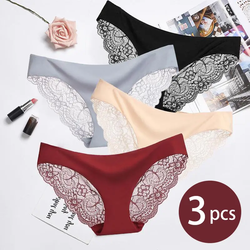 Seluar Dalam Renda Seksi, Untuk Wanita, Rekaan Lancar, Anjal, Bertingkat Rendah, Bahan Lancar, Selangkangan Kapas, Saiz Besar S-XXL, 3 helai / pek, Tawaran Beli 2 Ambil 1