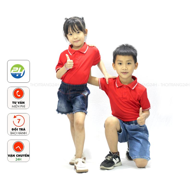 Áo Thun Có Cổ Polo Trẻ Em THOITRANG24H Màu Đỏ Tươi Vải Cá Sấu Mè Mềm Mịn Nhẹ Mát Cho Bé Sợi Tre