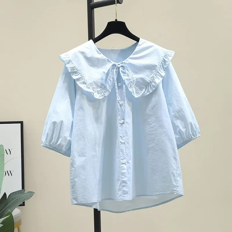 Áo Sơ Mi Cổ Peter Pan, Thiết Kế Thời Trang Cao Cấp, Dành Cho Nữ, Dáng Rộng Vừa Vặn, Phong Cách Thường Ngày Tay Phồng Hàng Mới Về Mùa Hè 2024