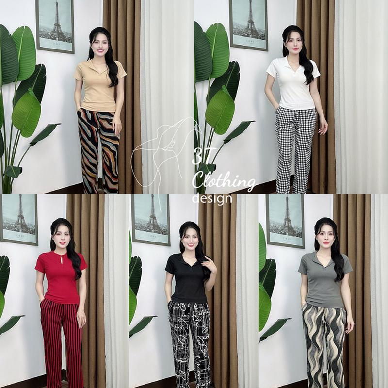 Set đồ bộ nữ sang chảnh quần dài phối áo thun tăm lạnh cổ trụ may kĩ chuẩn form tôn dáng bigsize 40 - 80kg mã B14