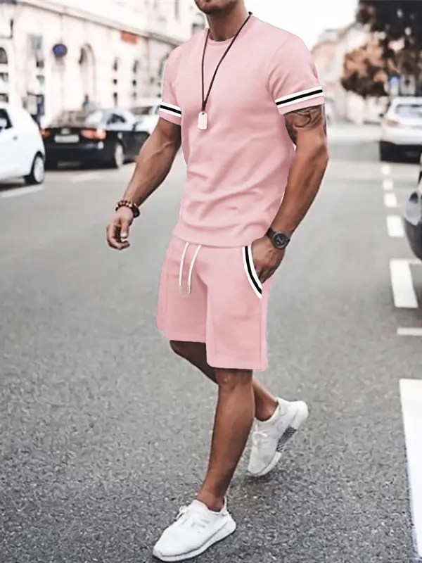 Classy Two Piece Sets Men's Contrast Binding Tee & Drawstring Waist Shorts Set, Casual Short Sleeve Round Neck T-shirt & Pocket Track Shorts, Autumn Outfits, Menswear, Posh Men's Clothes, College Outfits UK, Balkan School Outfits, Outfit Sets for Men 1