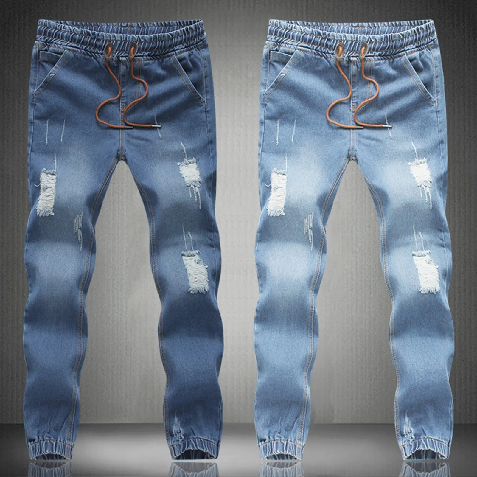Faousoe - Seluar jeans koyak panjang untuk lelaki, seluar poket berlubang, kurus, biru, pensel, untuk kehidupan seharian