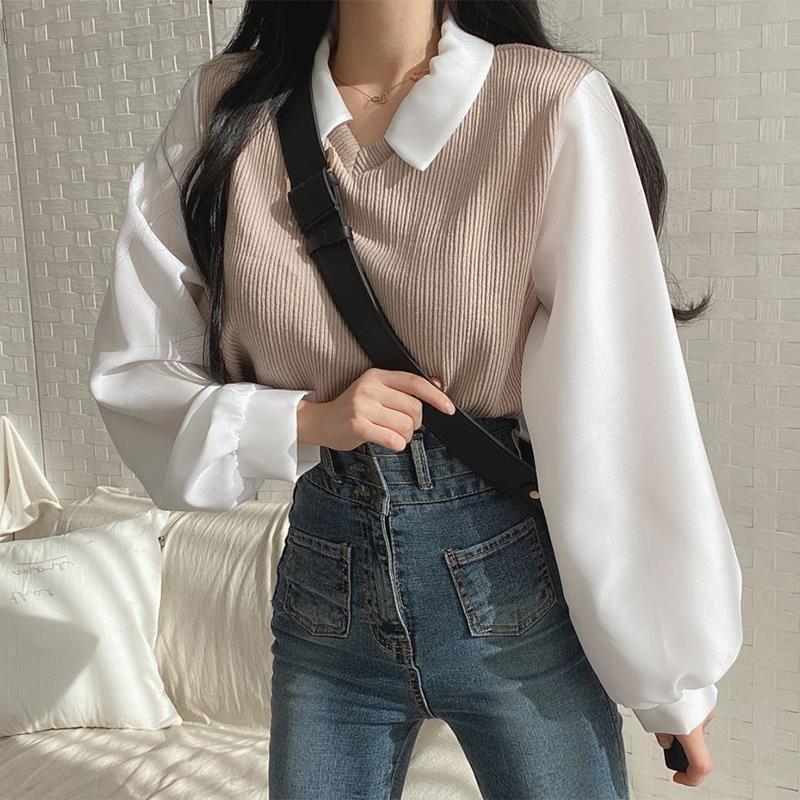 Áo Phông Dài Tay Áo, Sọc, Thiết Kế Hai Mảnh Giả, Phong Cách Cổ Điển Mỹ, Chắp Vá, Cổ Polo, Áo Len, Dáng Rộng Vừa Vặn, Phong Cách Đường Phố Cao Cấp, Áo Cổ Polo, Ins Women Top Nữ 2
