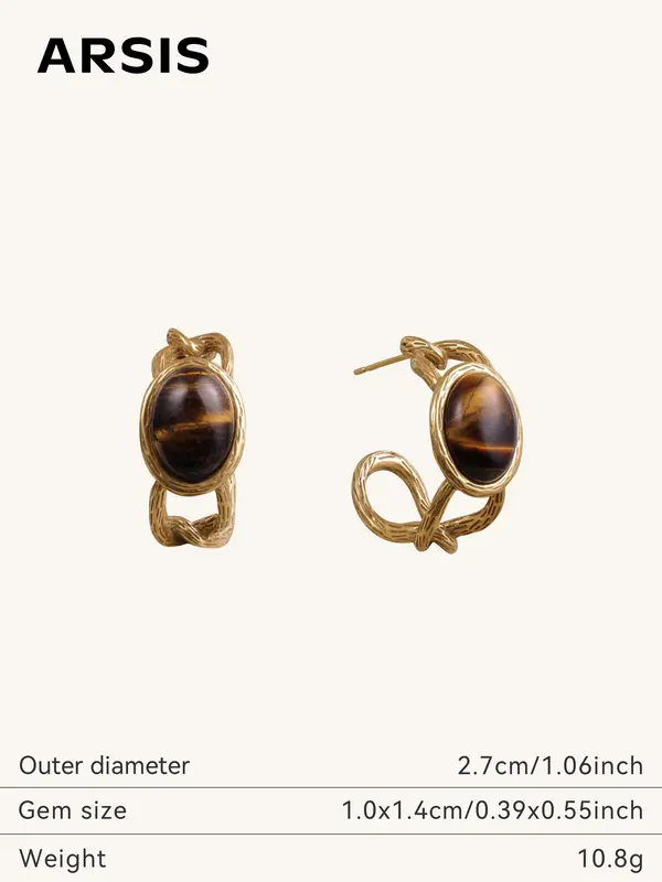 Genuine Semi Hoop Earrings in Tiger's Eye 1