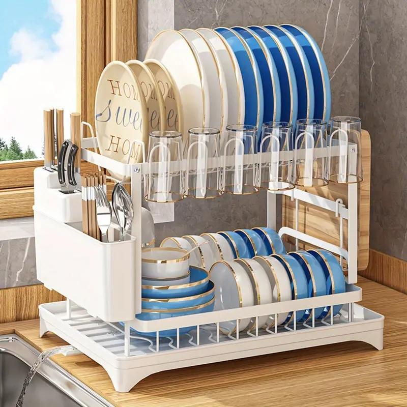 Product Introduction of 【】2-tier Dish Drying Rack, 1 Count Large Capacity Countertop Dish Storage Rack With Utensil Holder, Cutlery Rack With Drainboard, Kitchen Utensil Organizer, Kitchen Accessories 7