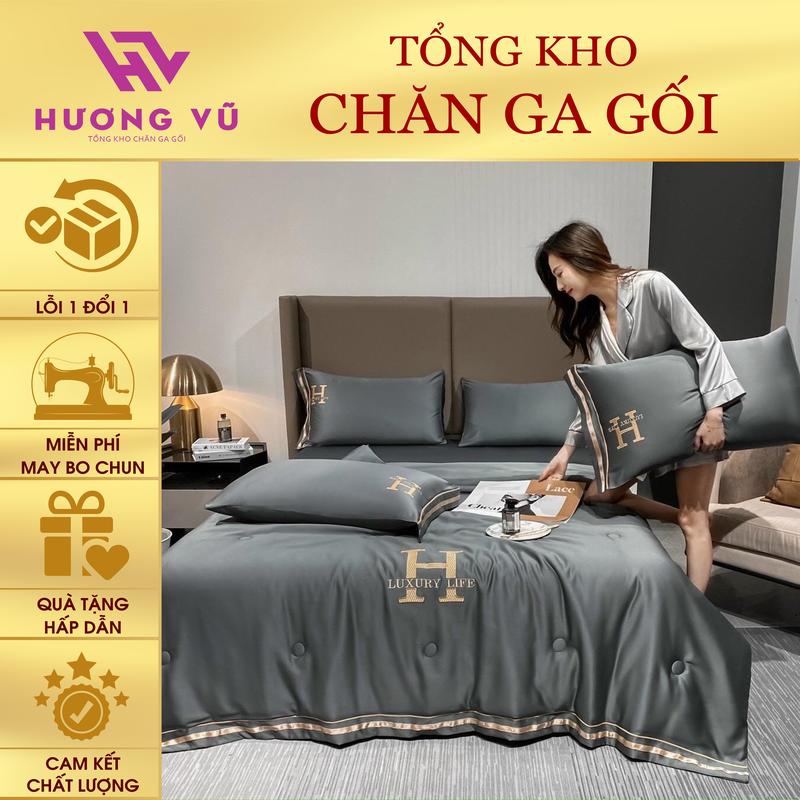 Bộ Chăn Ga Gối Phi Lụa H_LUXURY_LIFE Hương Vũ Bedding - Ga Trải Giường Bo Chun Chăn Trần Bông và 2 Vỏ Gối Nằm