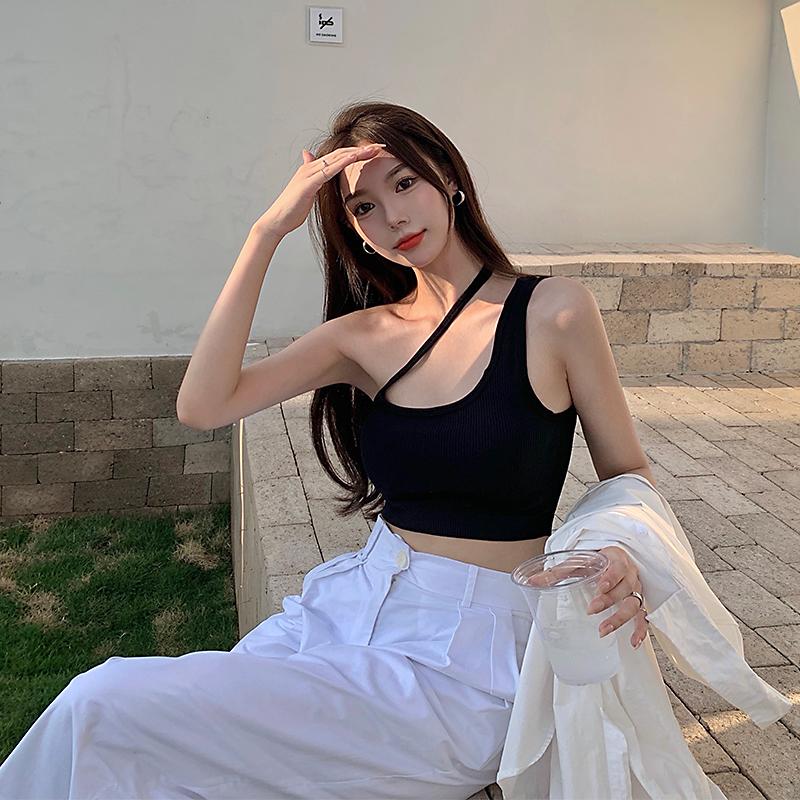 Women Sexy Navel Tops, Plain & Ribbed One Shoulder Sleeveless Slim Crop Top, Ladies Summer Bandage Short Shirt 8
