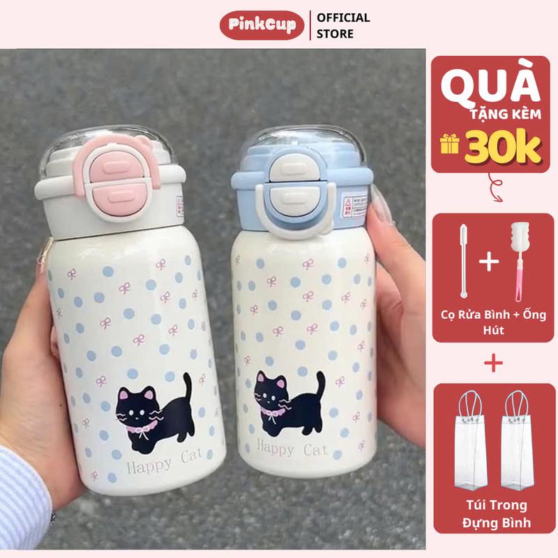 PC49 Bình nước Mèo dung tích 500ml  có ống hút tiện lợi  600ml, chống gỉ Inox 316, Lehome1, chống tràn nước, bình nước cho bé